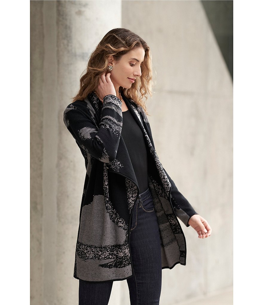 Ming Wang Abstract Pattern Shawl Collar Neck Long Sleeve Knit Cardigan