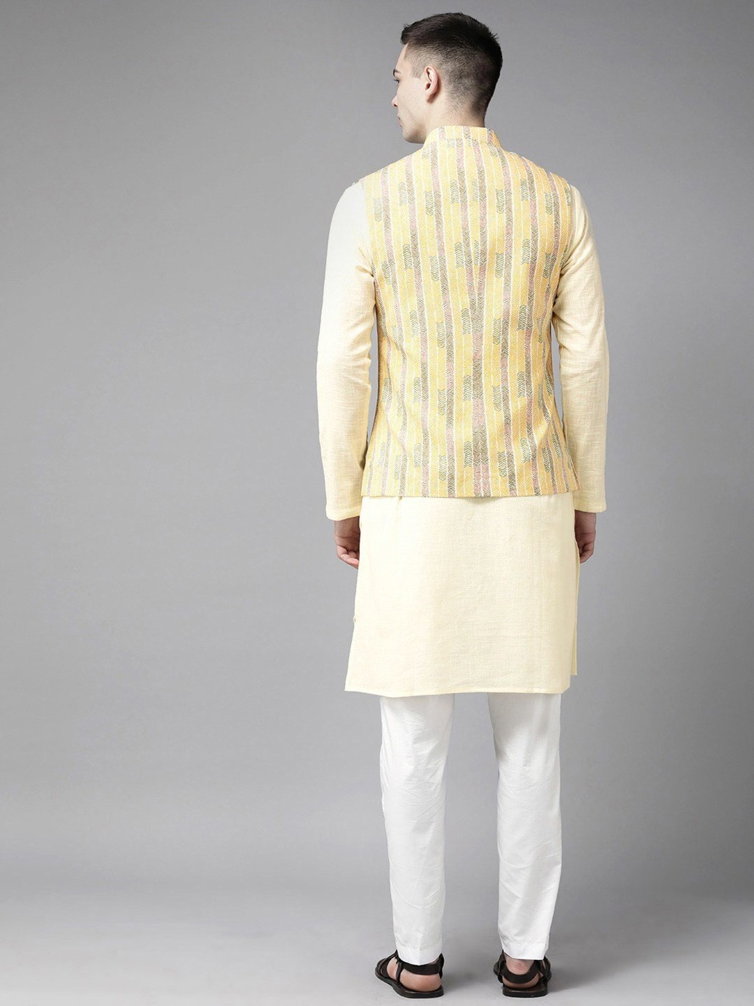 See Designs Yellow Cotton Regular Fit Printed Nehru Jacket
