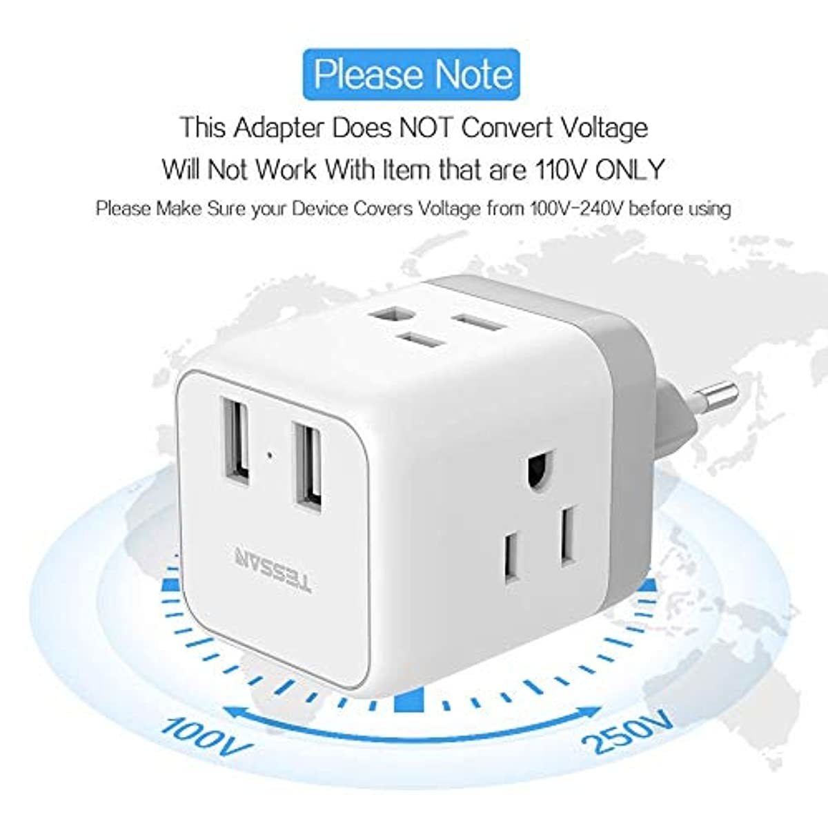 European Travel Plug Adapter, TESSAN Europe Power Adapter with 2 USB, Type C Travel European Adapter, US to Europe Plug Adapter for France Italy Germany Iceland (2 Pack)