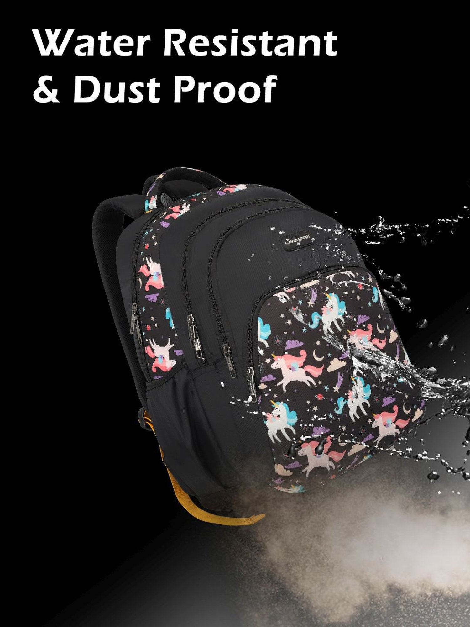 Lavie Sport Unicorn Star 39L Printed School Backpack with Rain cover for Girls (Black)