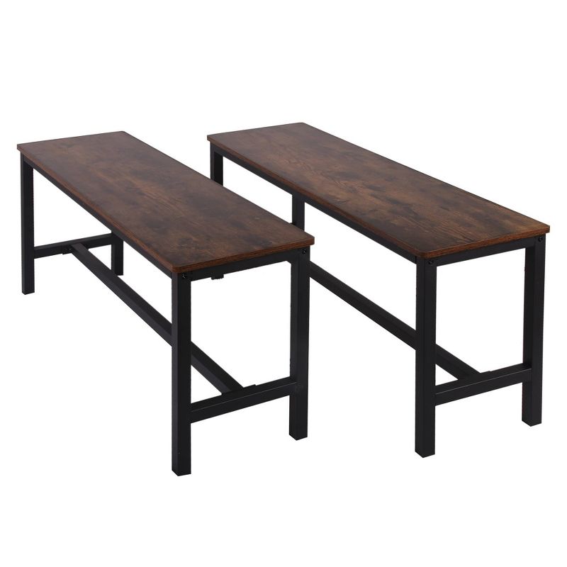 Set of 2 Wooden Top Indoor Bench with Metal Legs Brown/Black - Benzara