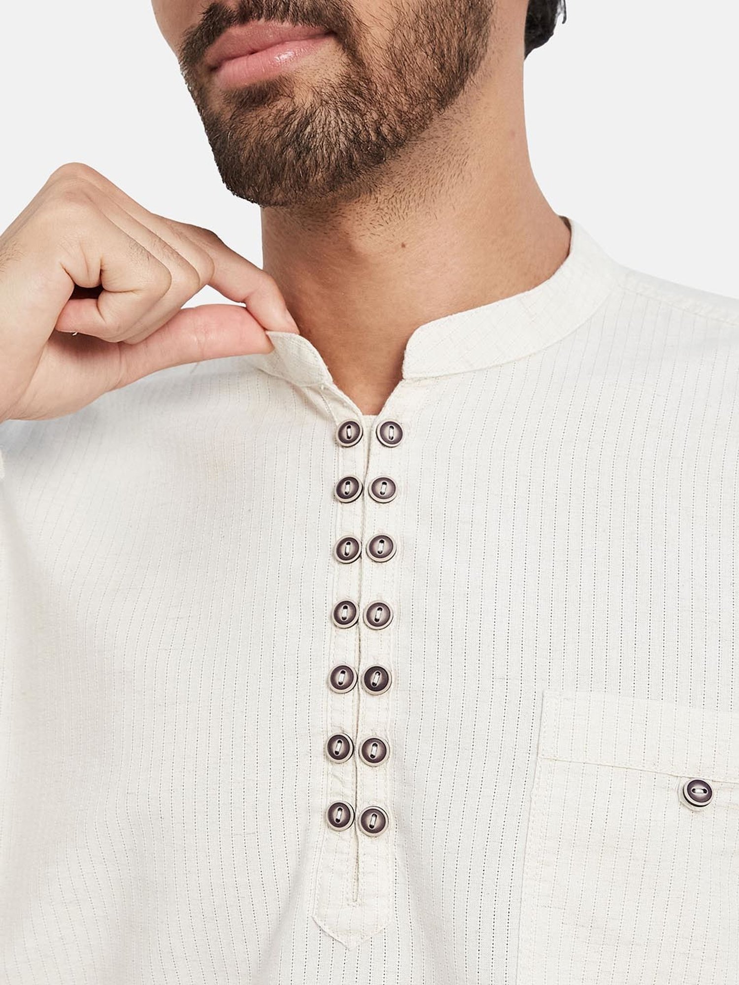 METTLE Cream Regular Fit Striped Shirt