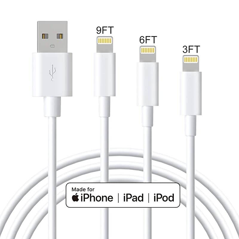 MFi Certified iPhone Charger Cable  Lightning Cable 3Pack 3FT 6FT 9FT Long iPhone Cord Fast Charging Cable Compatible with iPhone Xs Max XS XR X 8 7 6S 6 Plus SE 5S 5C 5 iPad iPod White
