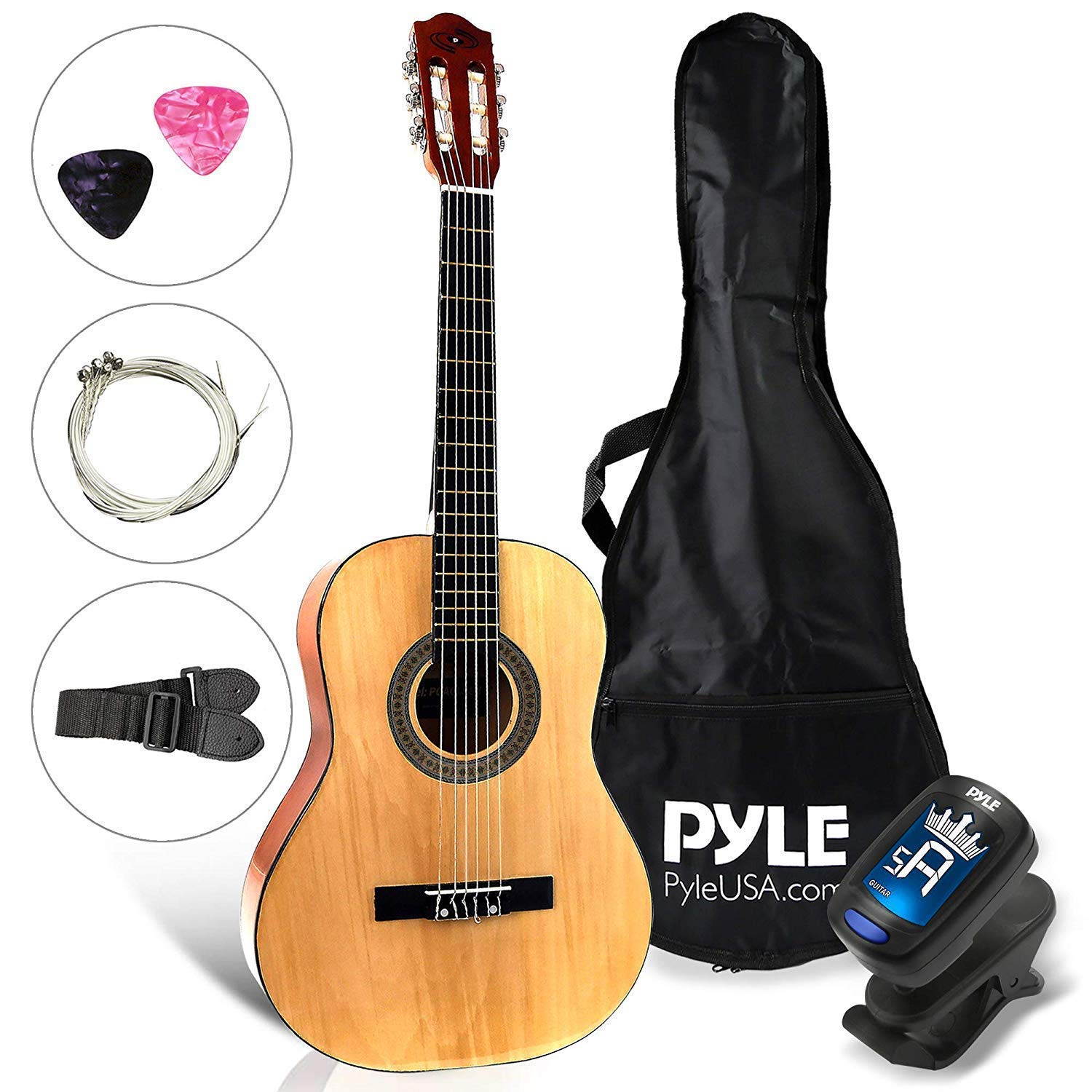 Beginner 30&rdquo; Classical Acoustic Guitar - 1/4 Junior Size 6 String Linden Wood Guitar w/ Gig Bag, Tuner, Nylon Strings, Picks, Strap, For Beginners, Adults - Pyle PGACLS30