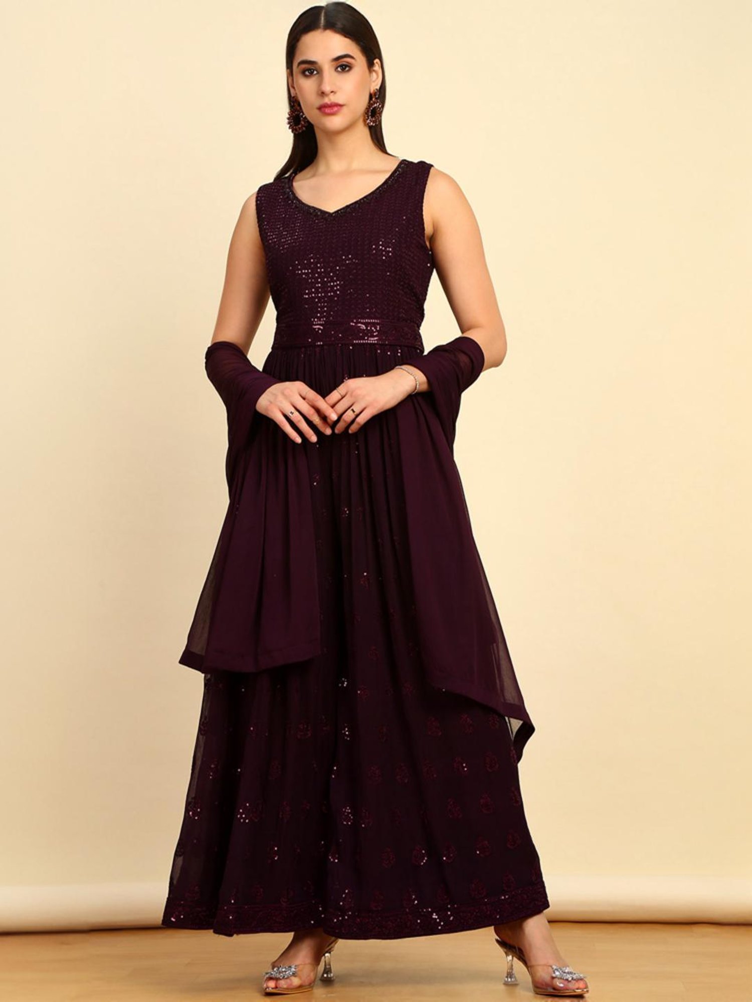 Soch Womens Wine Embellished Georgette Jumpsuit With Dupatta & Belt