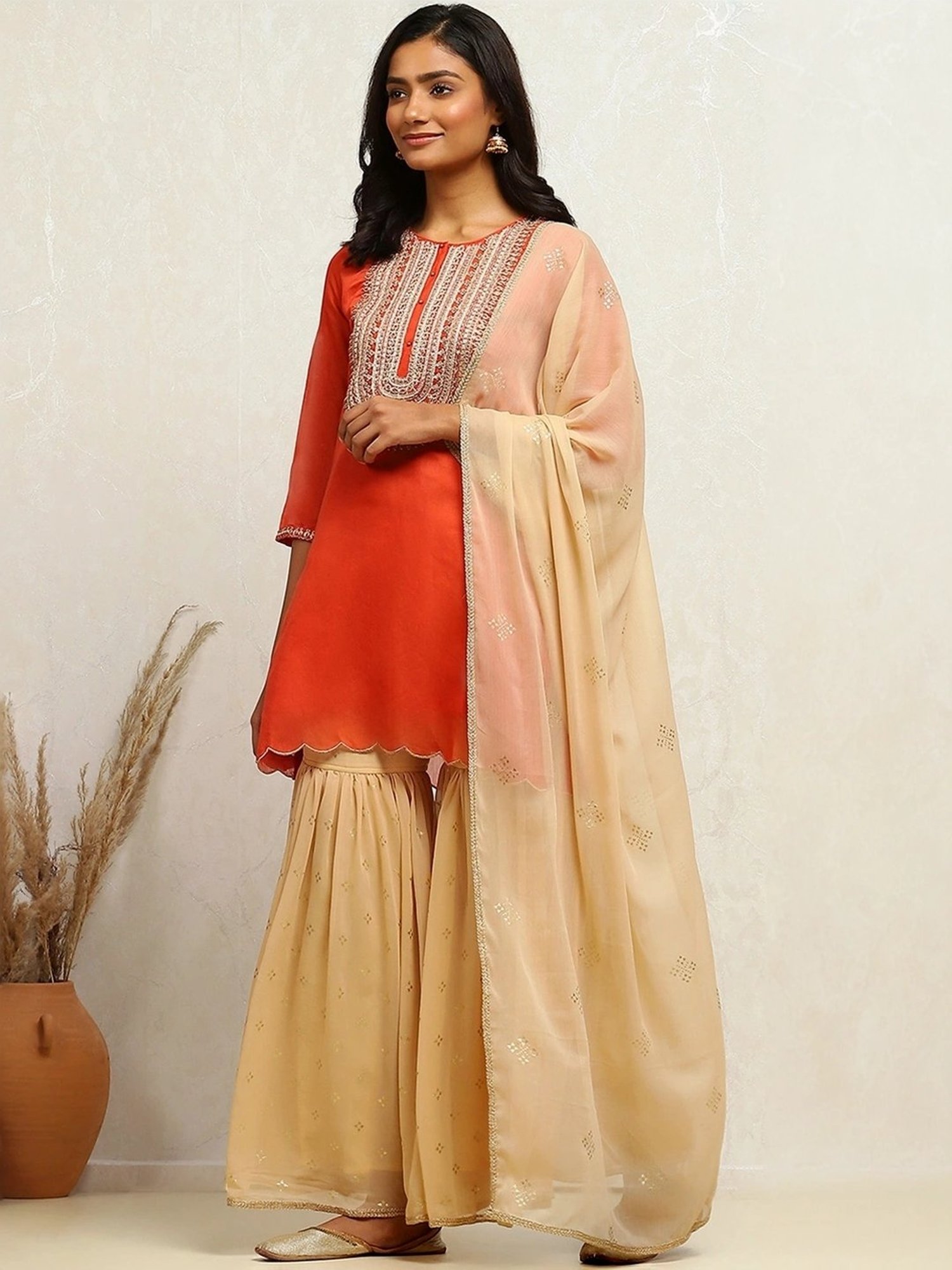 Biba Orange & Beige Embroidered Kurti Sharara Set With Dupatta