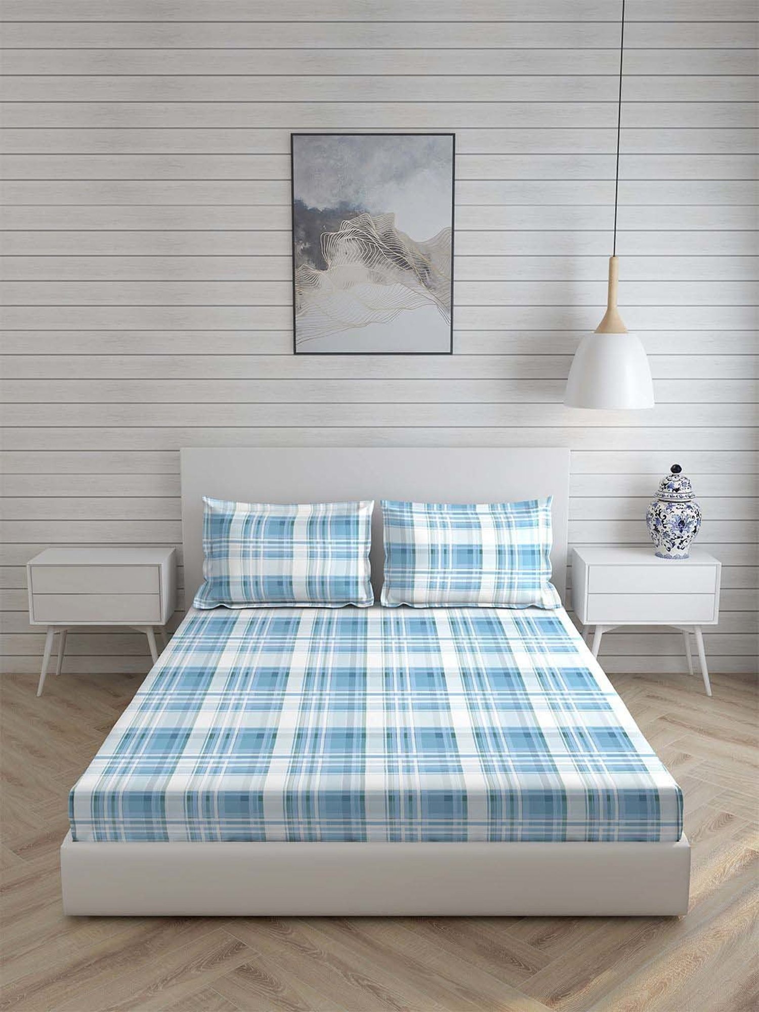 Boutique Living Signature Light Blue Cotton 300 TC Fitted Size Bedsheet with Pillow Cover