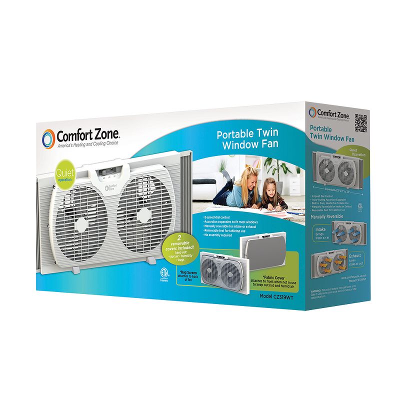 Comfort Zone CZ319WT 9 inch Portable Twin Window Fan with Reversible Airflow Control in White for Home, Apartment, or Office