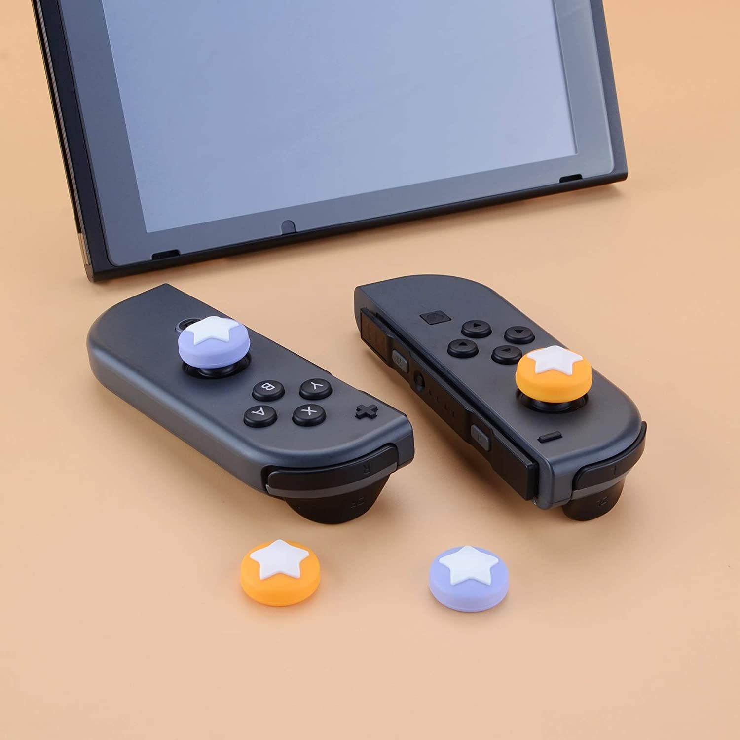 eXtremeRate PlayVital Star Design Cute Switch Thumb Grip Caps, Light Violet & Caution Yellow Joystick Caps for Nintendo Switch Lite, Silicone Analog Cover Thumb Stick Grips for Joy-Con Controller