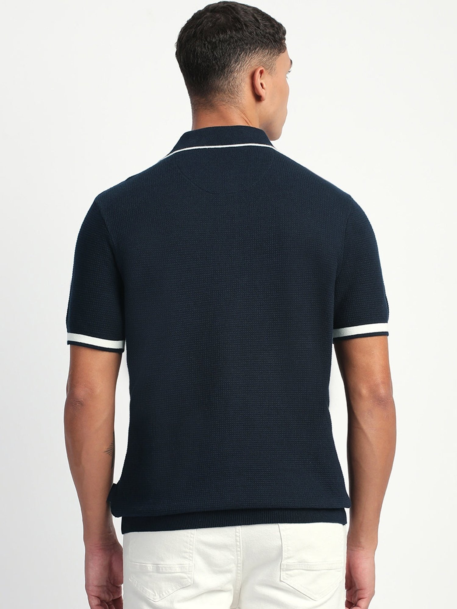 The Bear House Blue Cotton Regular Fit Self Pattern Polo T-Shirt