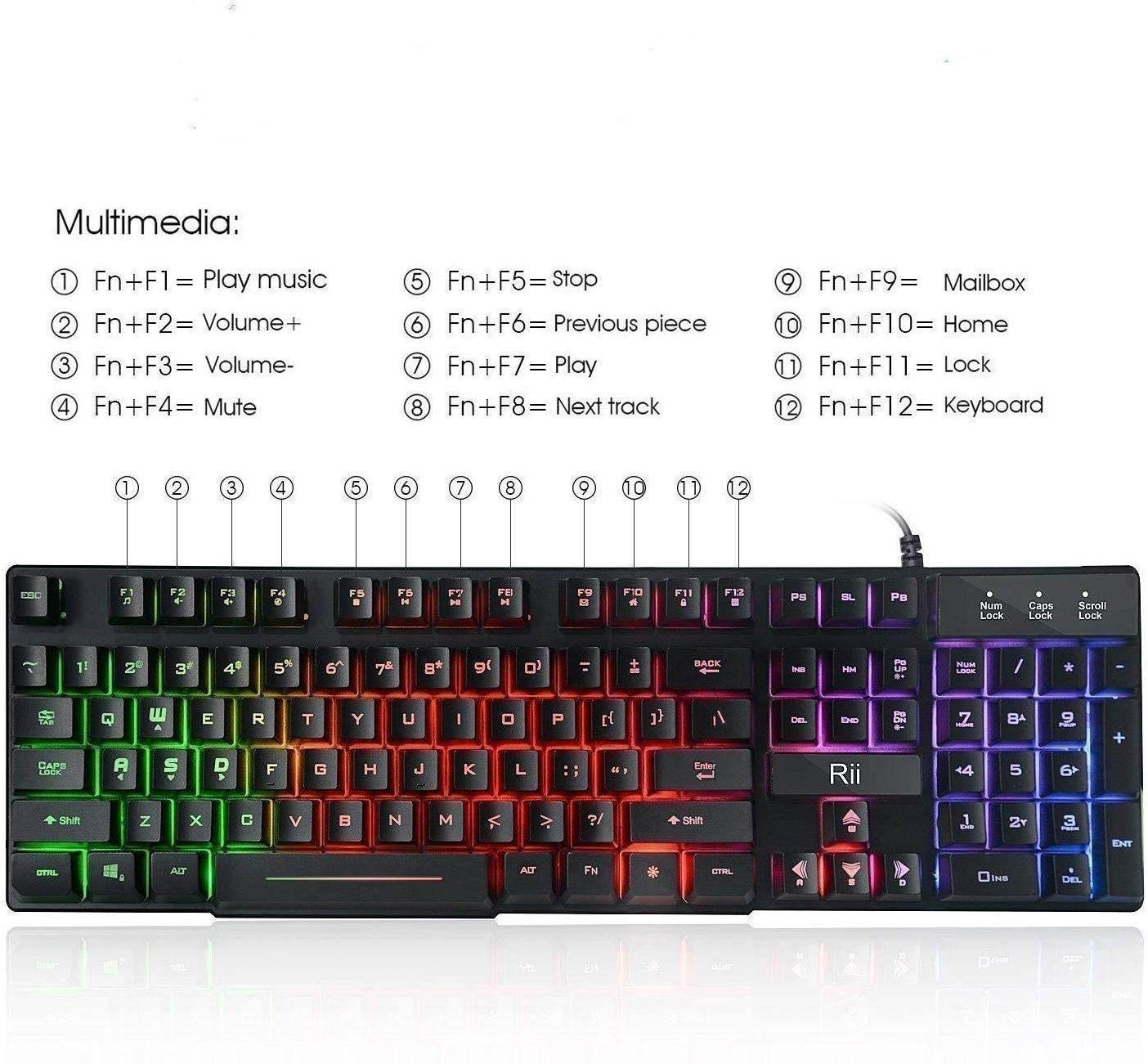 RK100+ Multiple Color Rainbow LED Backlit Large Size USB Wired Mechanical Feeling Multimedia PC Gaming Keyboard,Office Keyboard for Working or Primer Gaming,Office Device