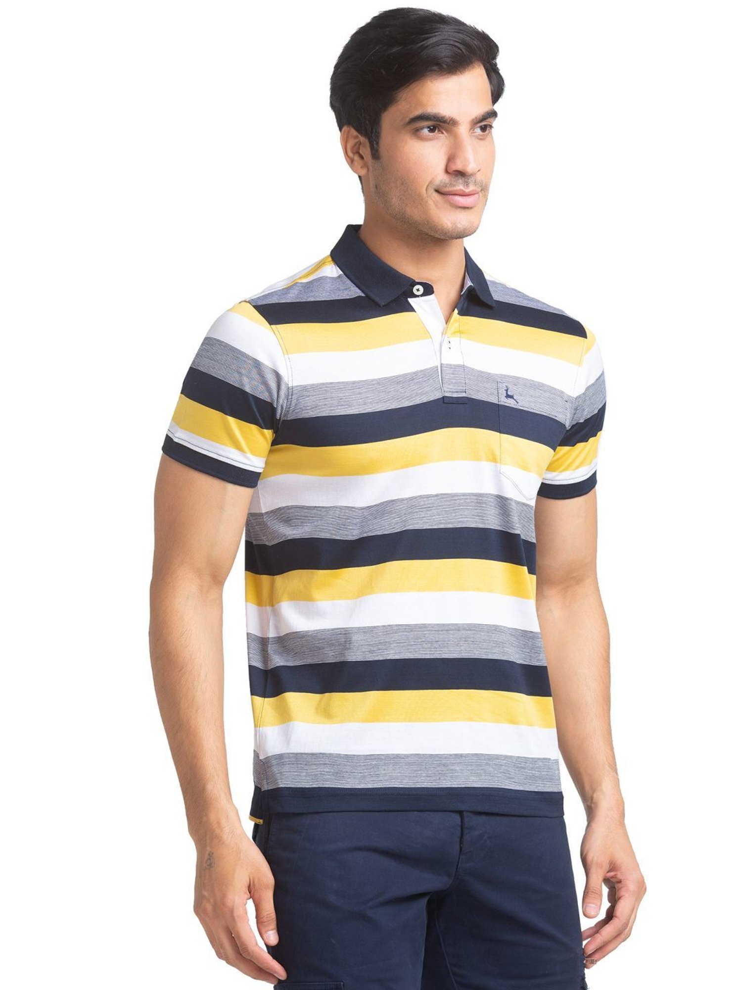 Parx Blue Pure Cotton Regular Fit Striped Polo T-Shirt
