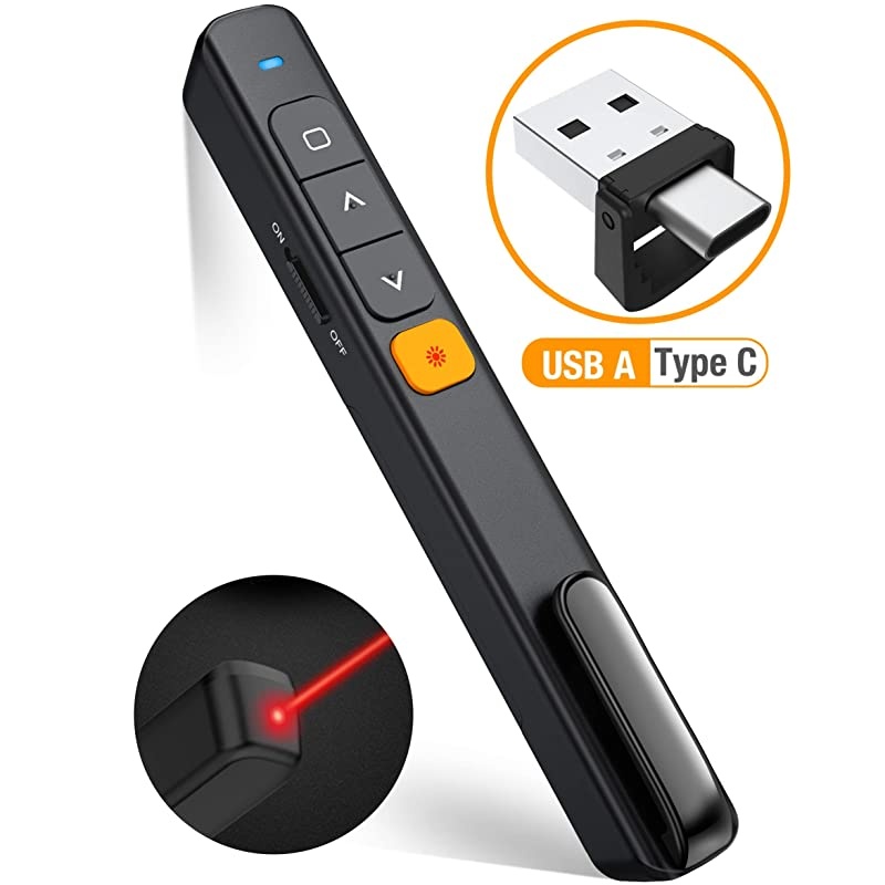 Wireless PowerPoint Presentation Clicker Remote 2 in 1 Type C and USB A RF 24GHz PPT Presentation Presenter Laptop Clicker Pointer Slide Advancer with Hyperlink Volume Control
