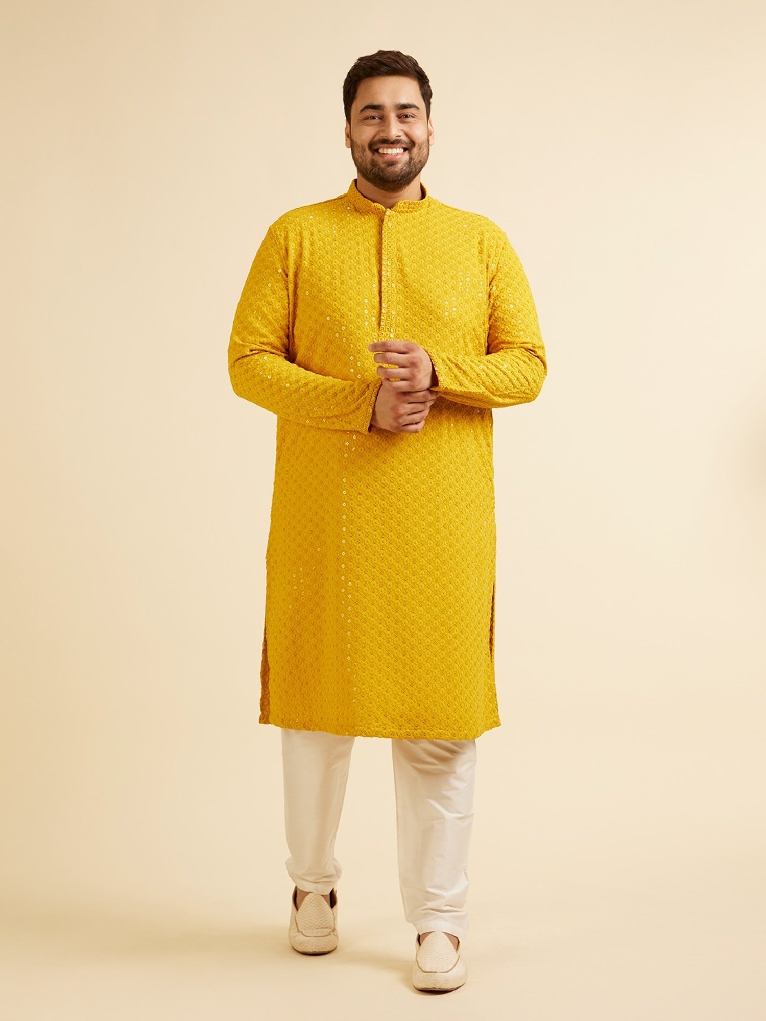 Manyavar Mustard Regular Fit Embroidered Plus Size Kurta and Pyjama Set