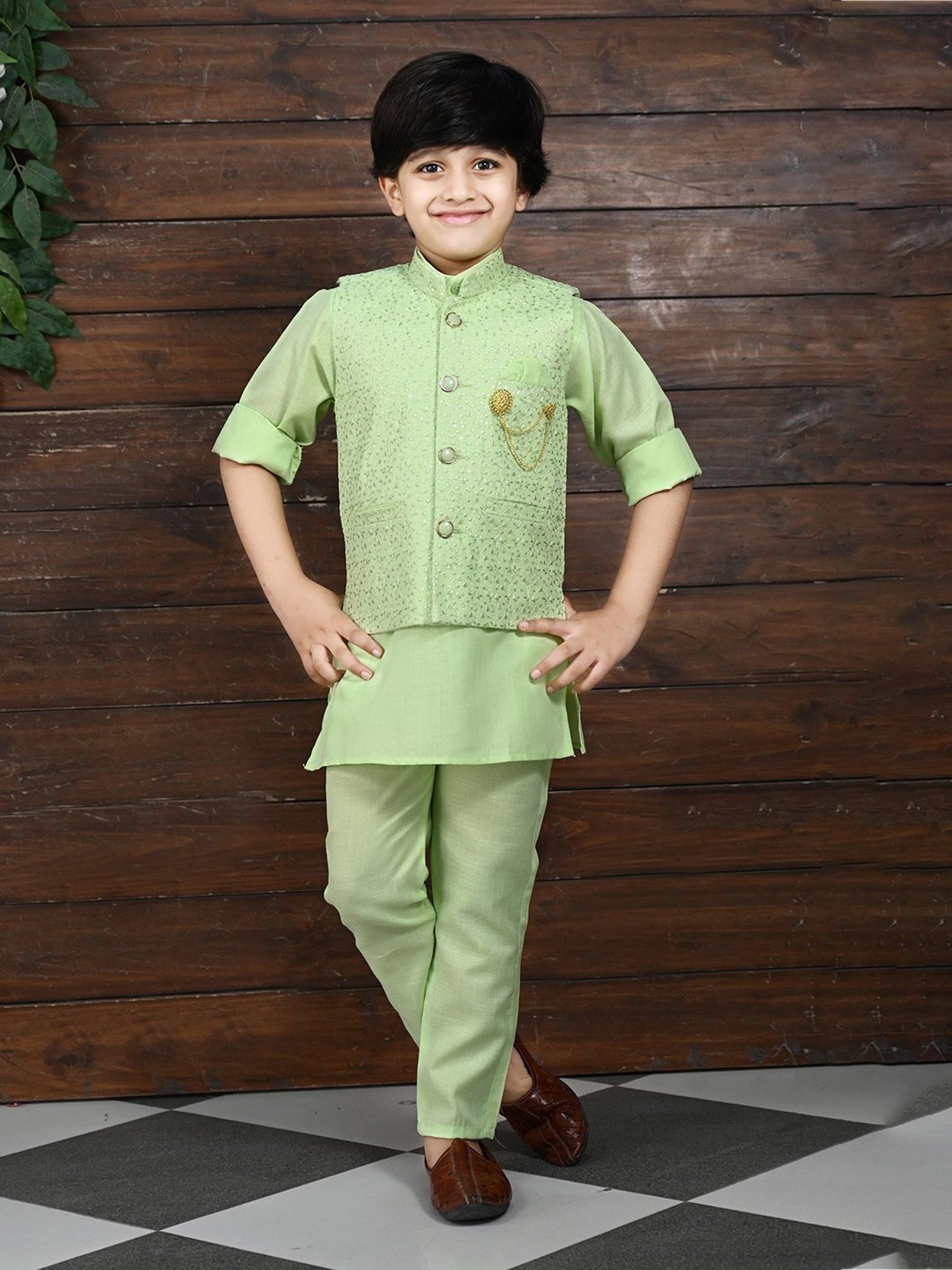 Ahhaaaa Kids Green Embellished Full Sleeves Sherwani, Jacket & Pyjamas