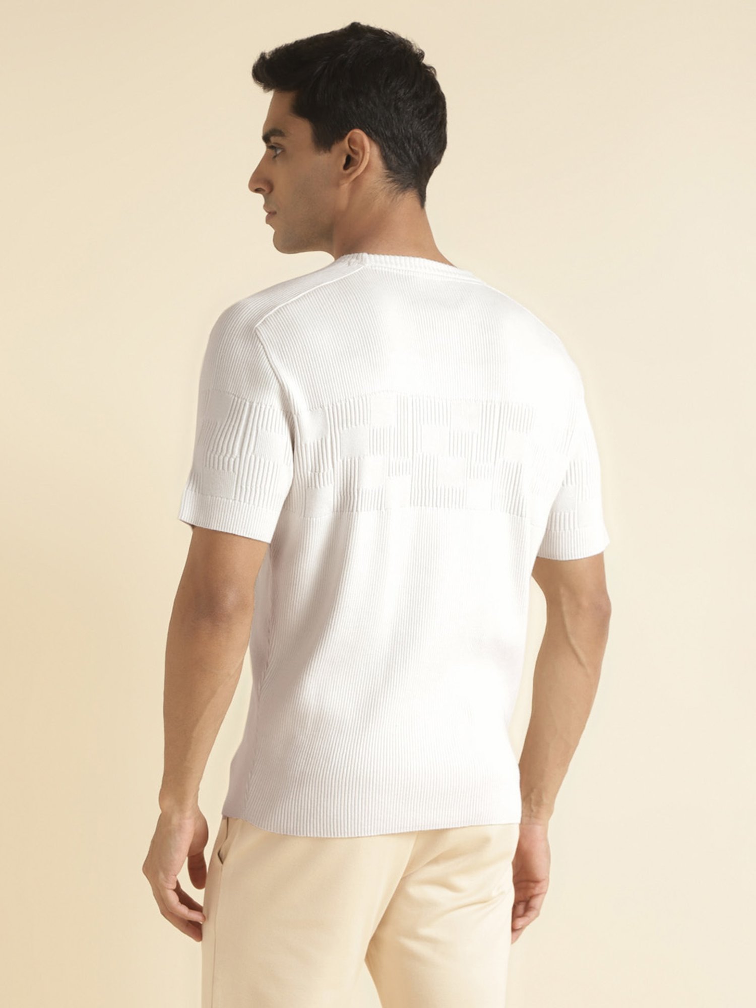 ANDAMEN Off White Regular Fit Self Design Cotton Crew T-Shirt