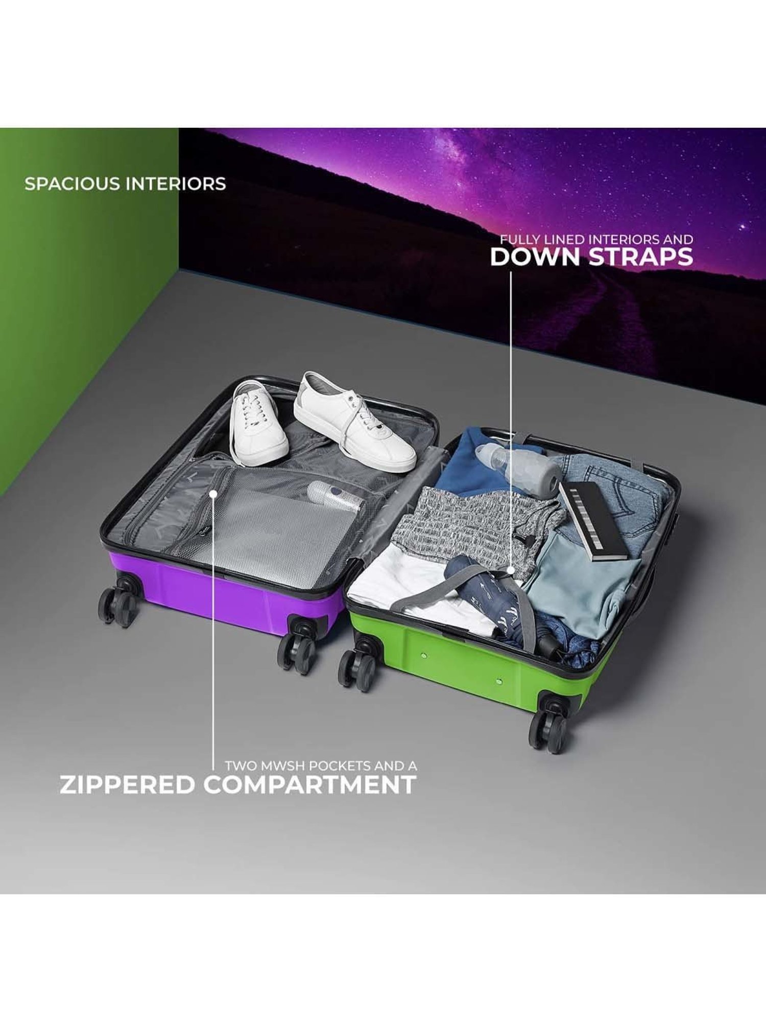 Nasher Miles Nicobar Hard-Sided Polypropylene Set of 2 Purple and Green Trolley Bags (55 & 65 cm)