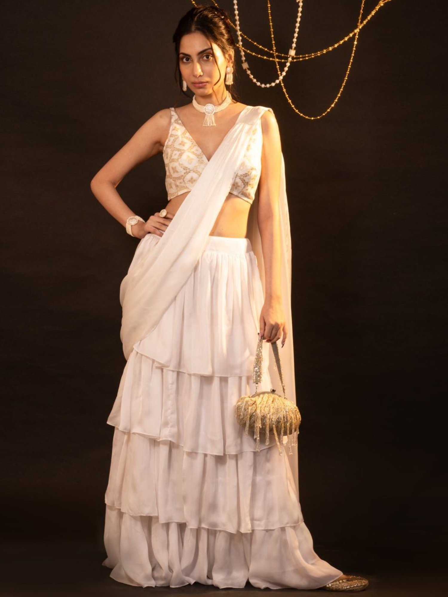 Monk and Mei Soul of Swan White and Gold Mira Ruffle Saree Set
