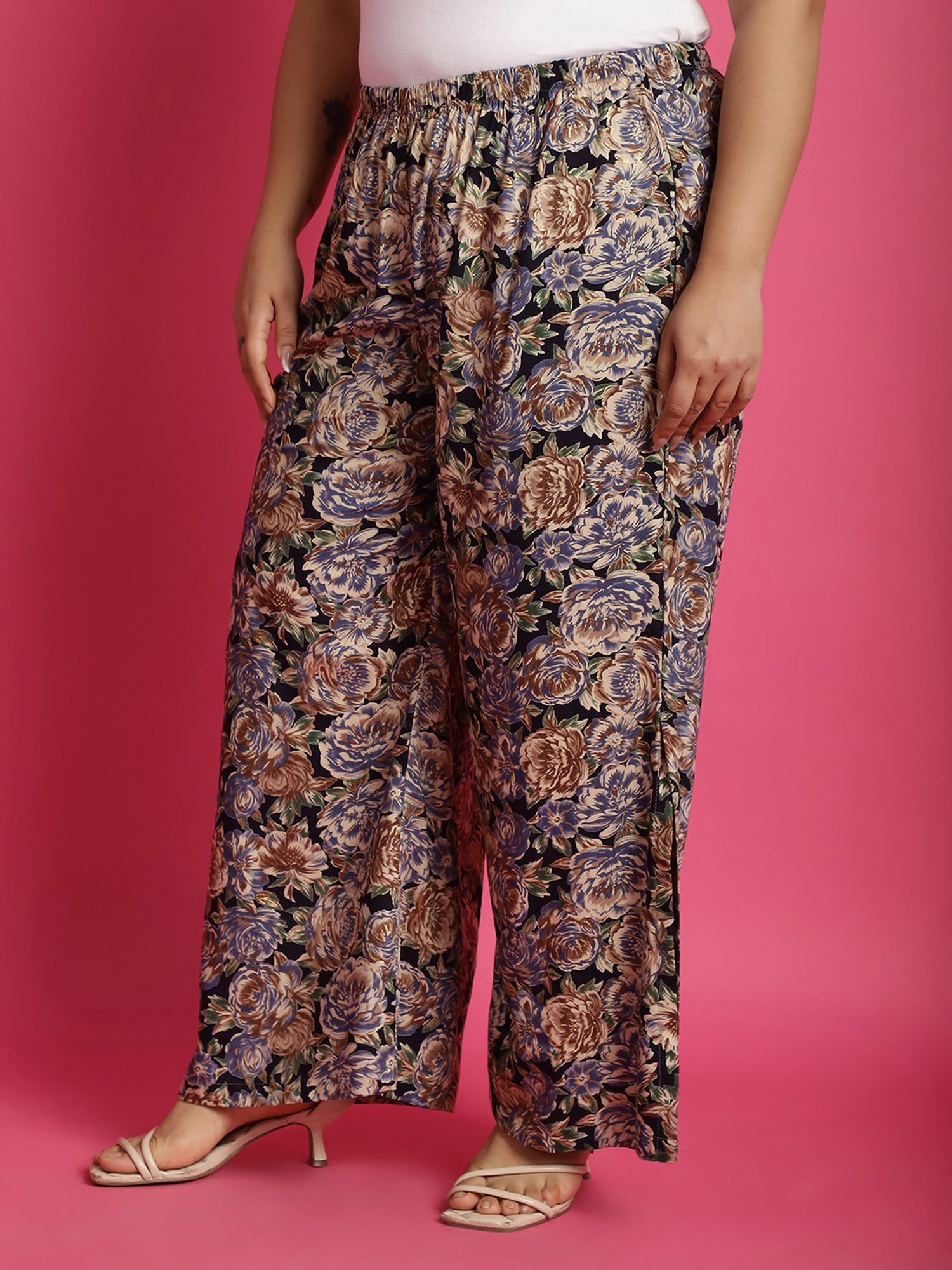 theRebelinme Navy Floral Print High Rise Regular Fit Palazzos