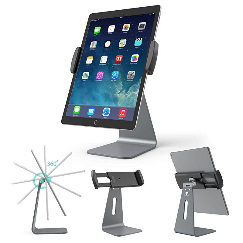 Tablet Holder Stand Compatible 2020 iPad Pro, 360&deg; Rotatable Aluminum Alloy Desktop Holder Tablet Stand Compatible Samsung Galaxy Tab ProS iPad Pro10.5 9.7" 12.9'' iPad Air Surface Pro4 Gray