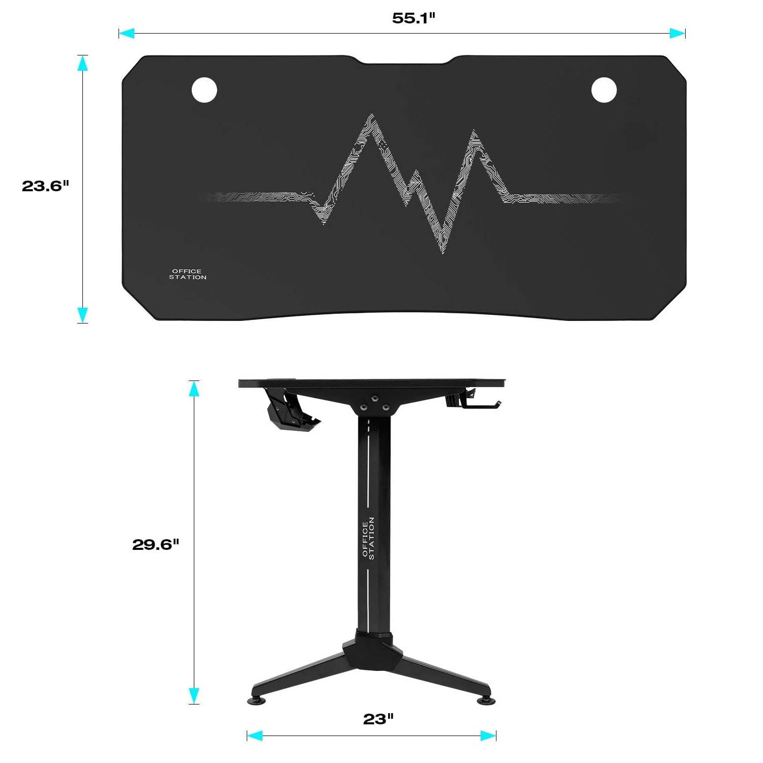 Furmax 55 Inch Gaming Desk Racing Style PC Computer Desk Y-shaped Table Home Office Desk with Large Carbon Fiber Surface, Free Mouse Pad, Headphone Hook, Gaming Handle Rack and Cup Holder (Black)