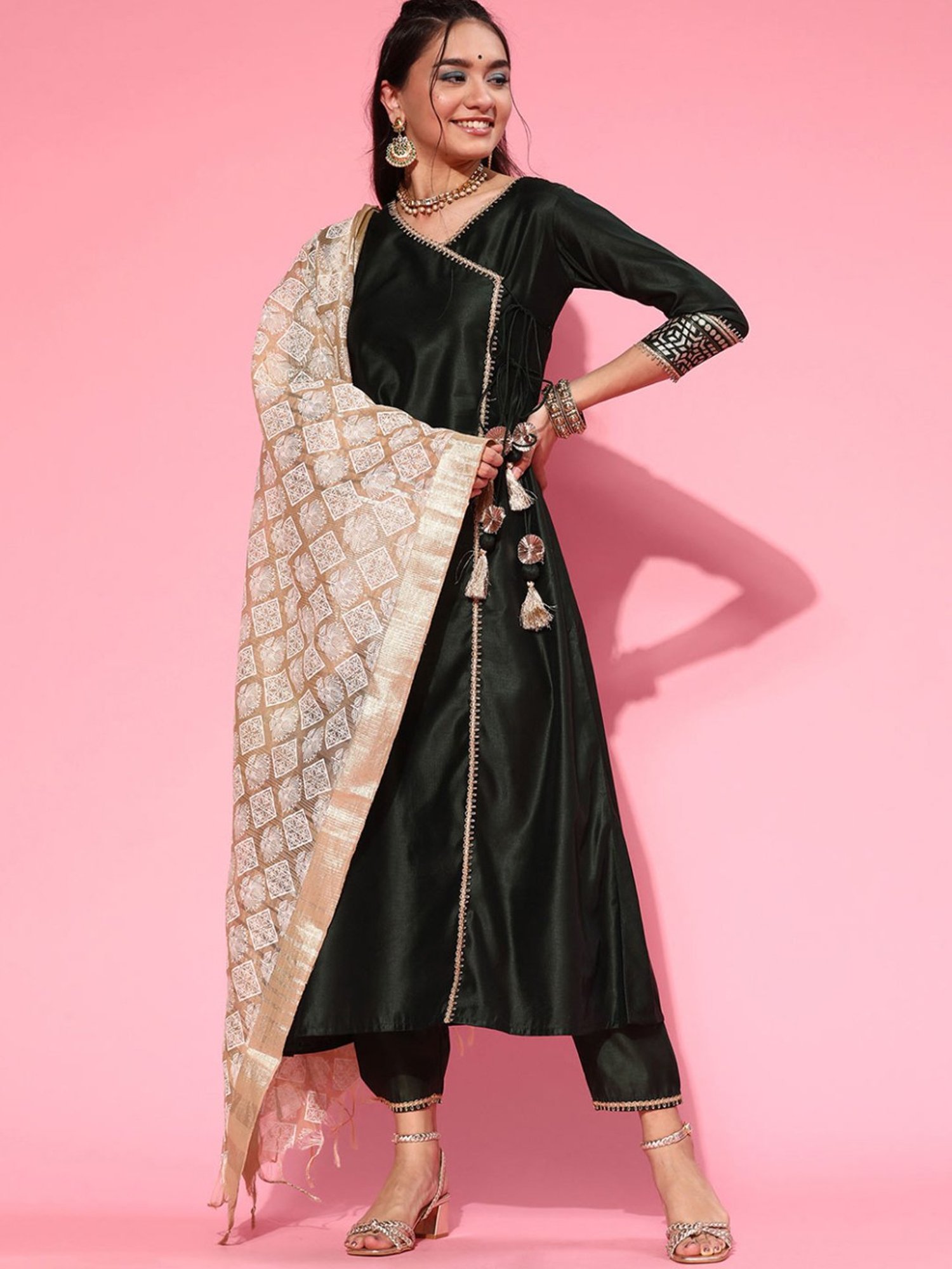 Indo Era Beige & Grey Printed Dupatta