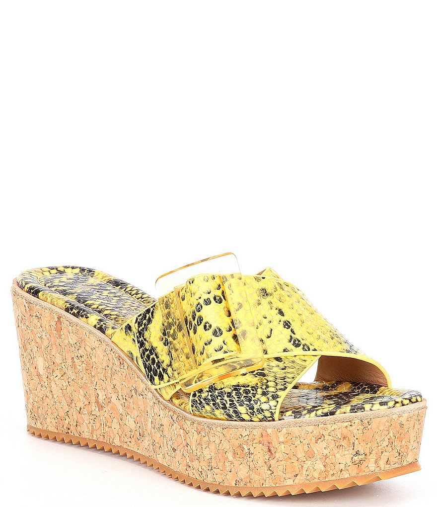 Donald Pliner Illiad Leather Snake Print Buckle Platform Cork Wedges
