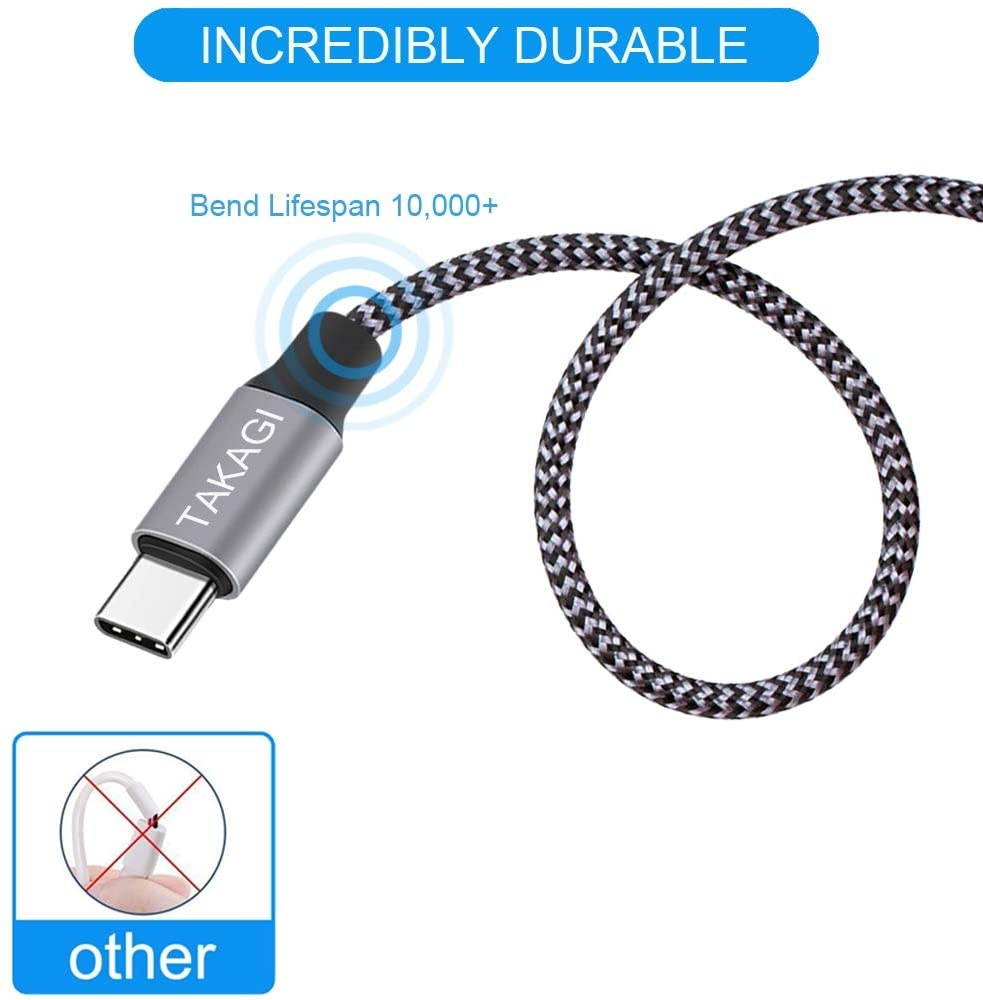 USB Type C Cable 3A Fast Charging TAKAGI (3-Pack 6feet) USB-A to USB-C Nylon Braided Data Sync Transfer Cord Compatible with Galaxy S10 S10E S9 S8 S20 Plus Note 10 9 8 and Other USB C Charger