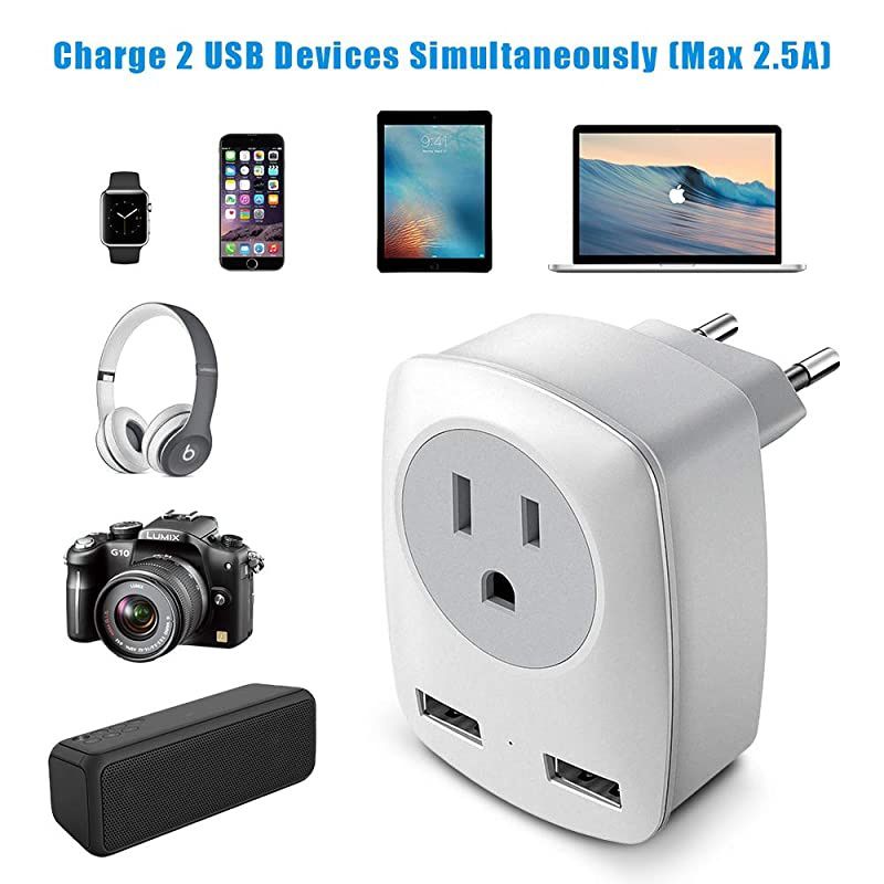 Travel Adapter America to Europe Plug Adapter with 2 USB Ports and 1 US AC Outlet International Travel Adapter for Most EU Countries GermanyFranceItalyGreece Not for UK Type C Plug