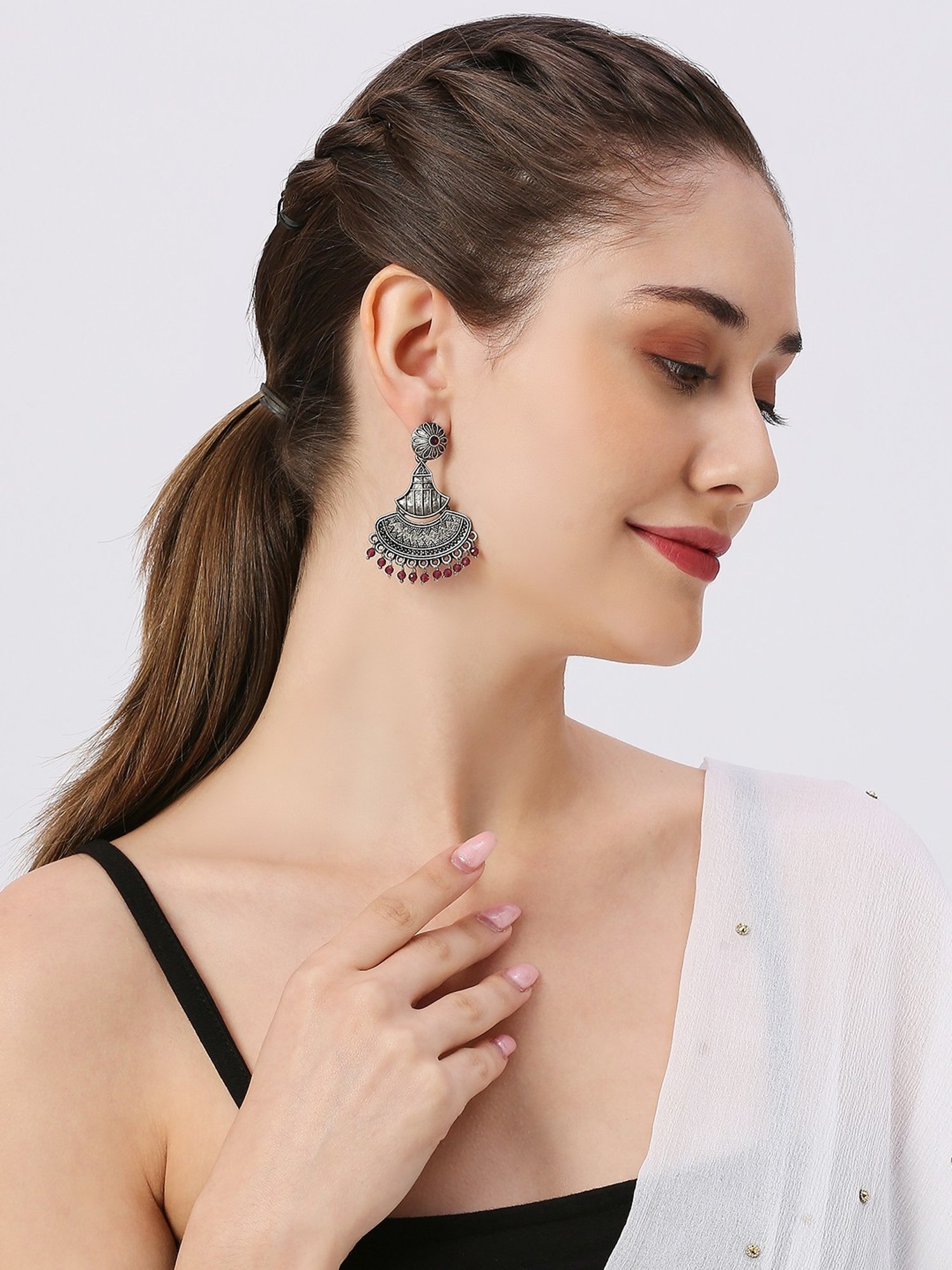 Oomph Oxidized Silver Ethnic Silver Look Alike Maroon Beads Dangler Earrings