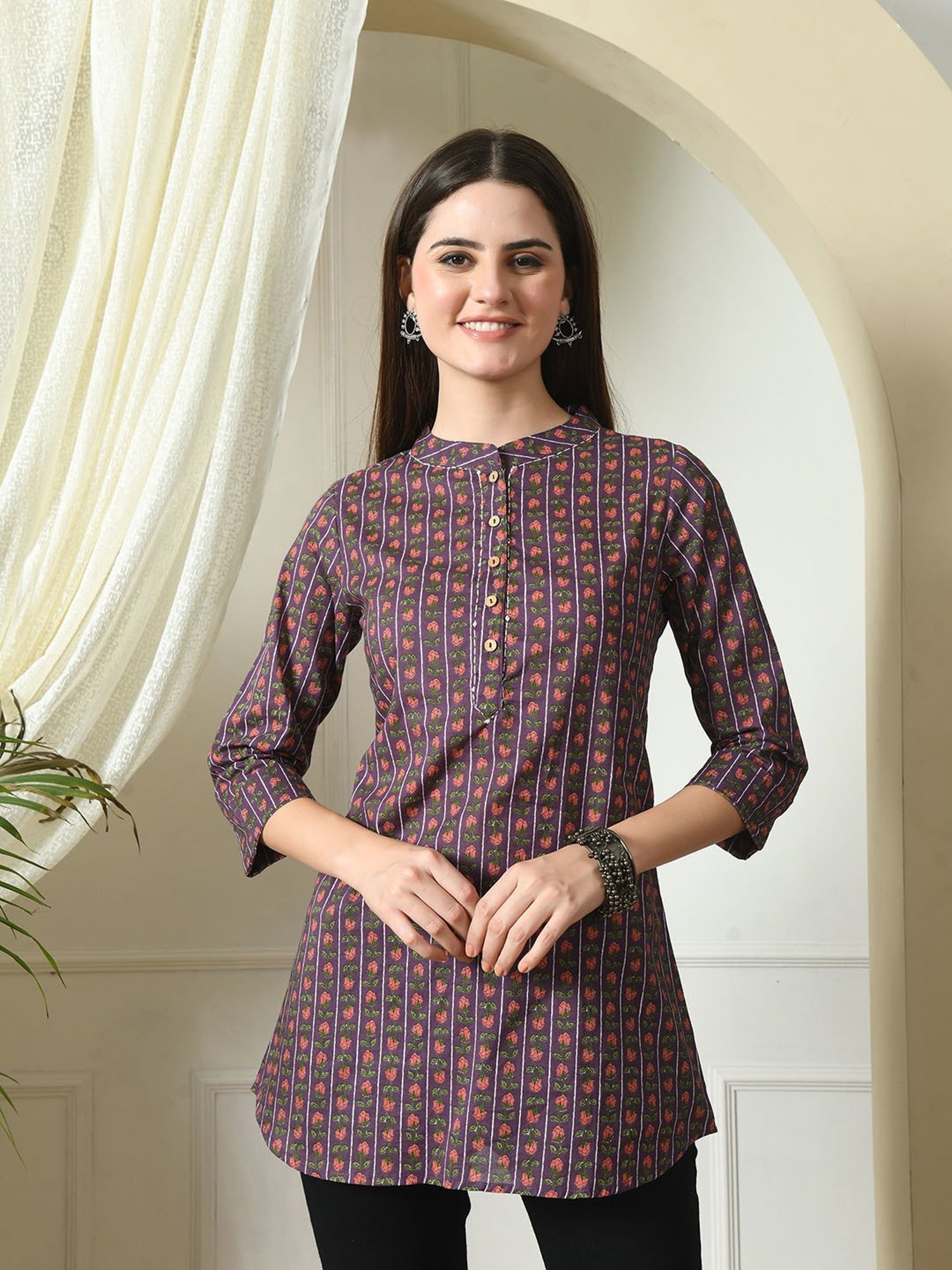 DECKEDUP Purple Cotton Floral Print Tunic