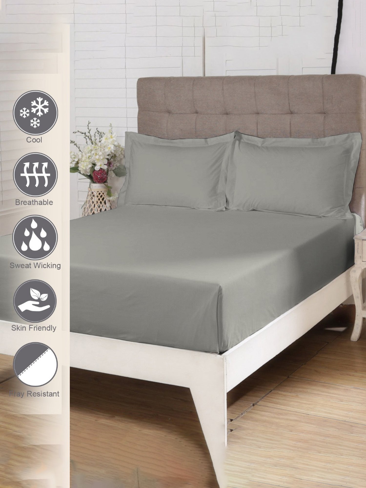 Pizuna Silver 400 TC Cotton King Bed Sheet with 2 Pillow Covers