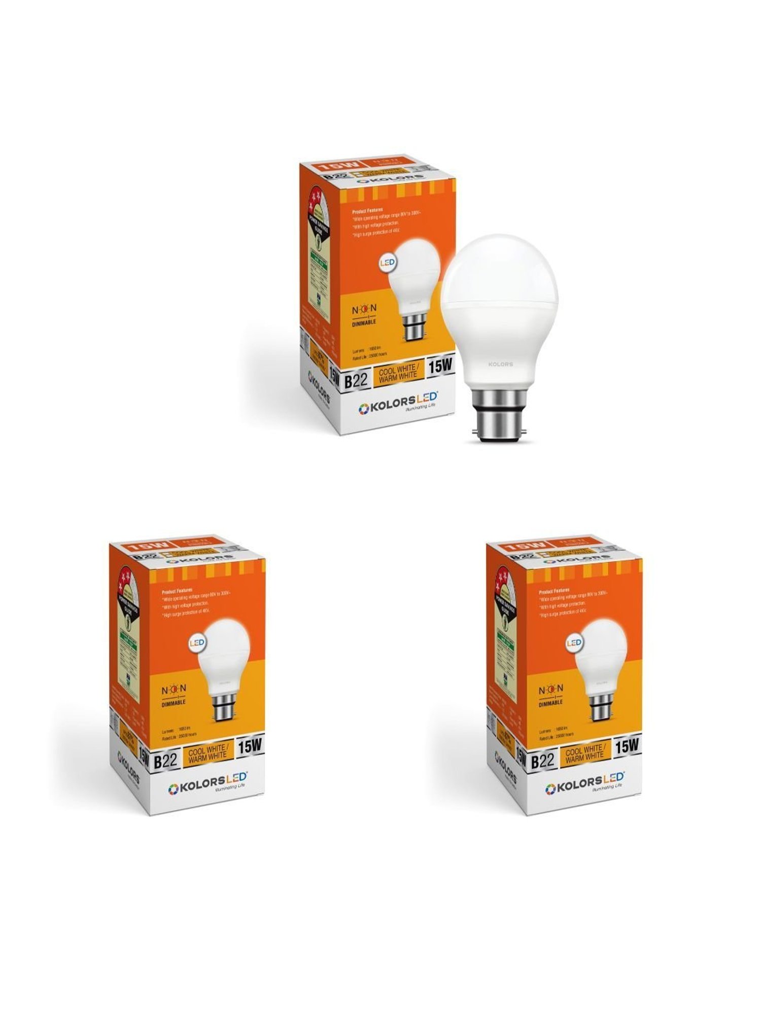 KOLORS Keeto LED Bulb B22 6500K 15W Pack of 3 - Cool White
