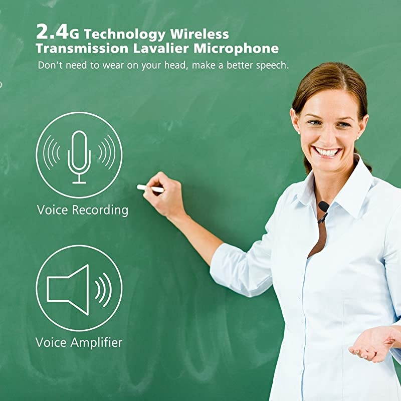 Lavalier Microphone for Voice Amplifier,2.4G Lapel Mic Recording Microphones for iPhone Computer,Smart Phone DSLR,PA System,Speakers,for Teachers,Public Speaking,Karaoke(No Support MacBook)