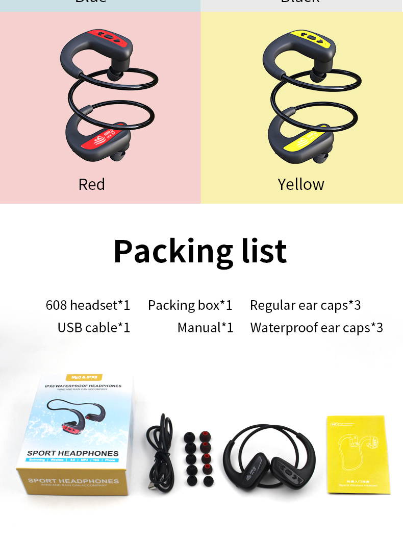 Black Ipx8 Swimming Earphone Waterproof 32GB Mp3 Player 12Hours Playing Bluetooth Headset Running Hifi Bass Wireless Earbud(Black)