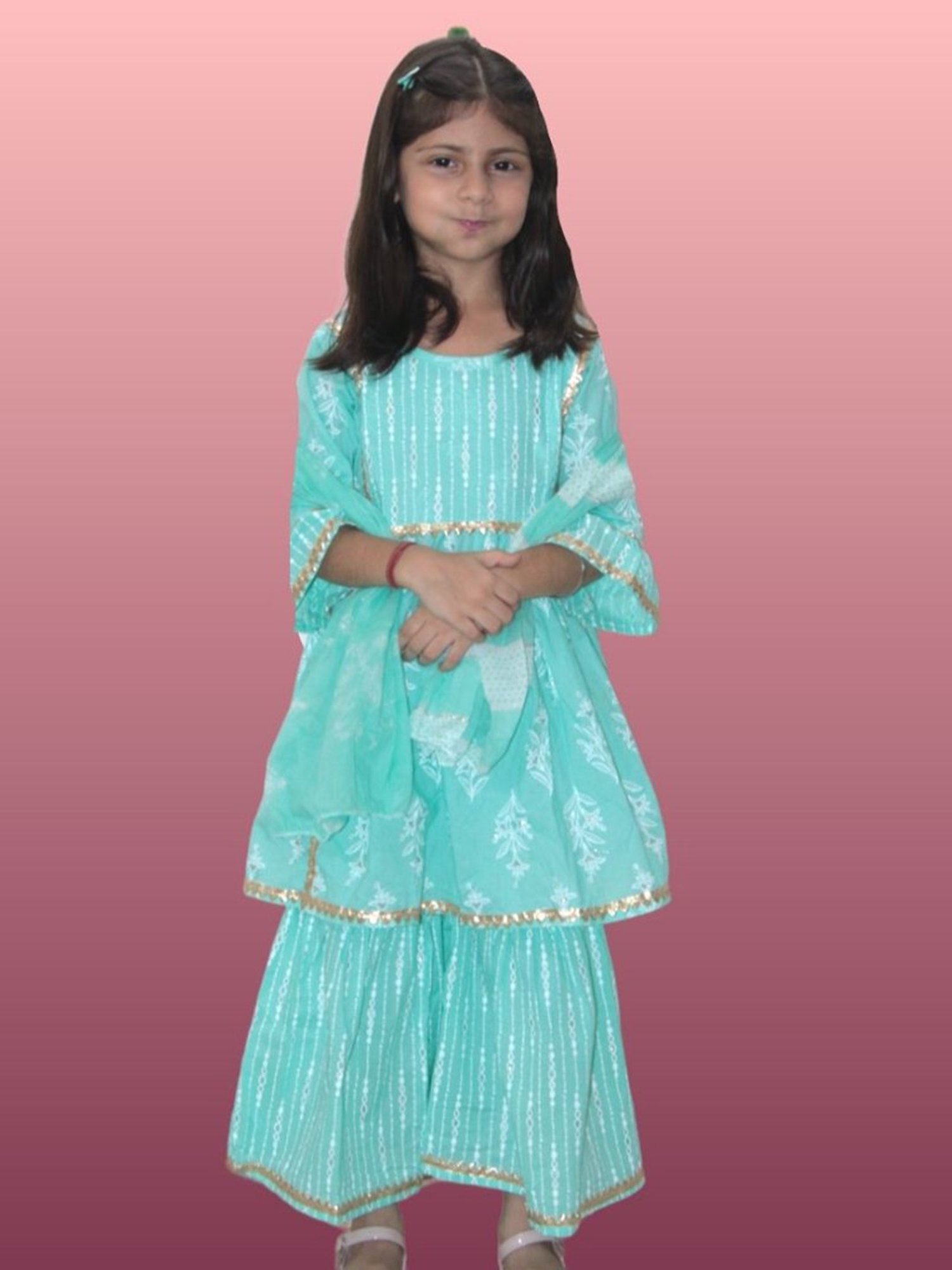 Tippy Top Kids Turquoise Floral Print Kurta, Sharara with Dupatta