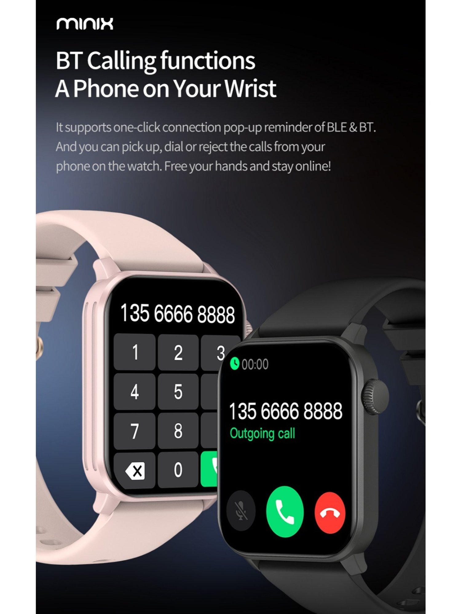 MINIX Spark BT Calling smartwatch with 1.69" HD Display, 330 mAh Battery, Extra Metal Strap, Black