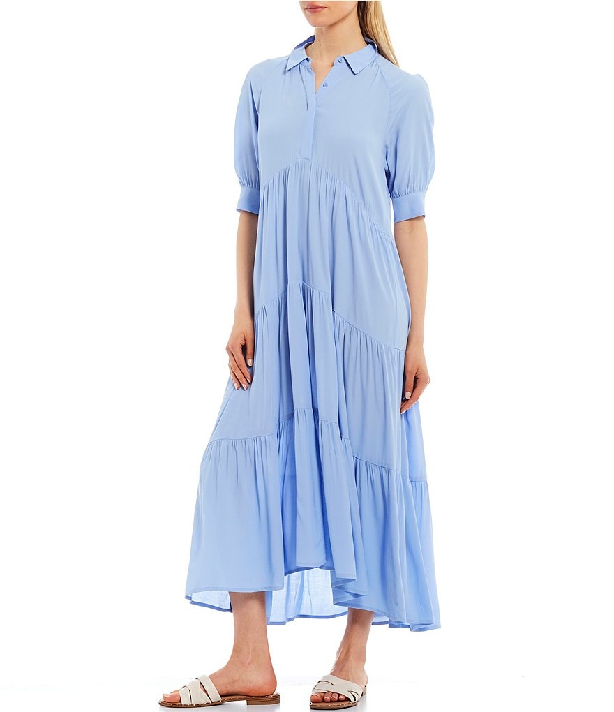 A Loves A Loose Fit Elbow Sleeve Tiered Midi Swing Dress