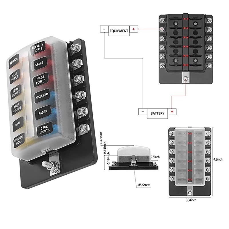 Blade Fuse Block Box Holder 12 Way With LED Indicator for Blown Fuse Suitable For Automotive Marine Boats  12way