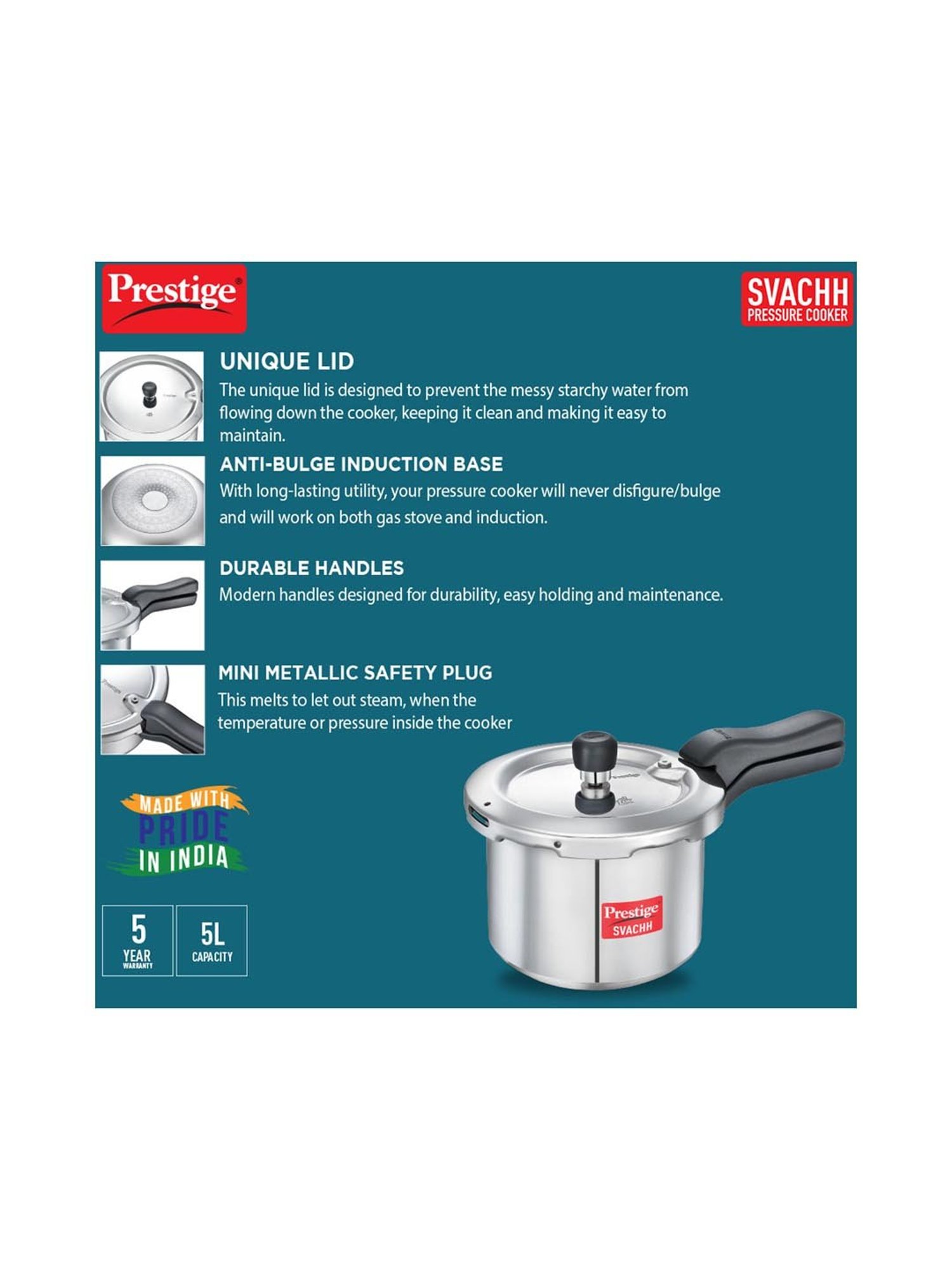 Borosil Silver Aluminium Pressure Cooker (5 L)