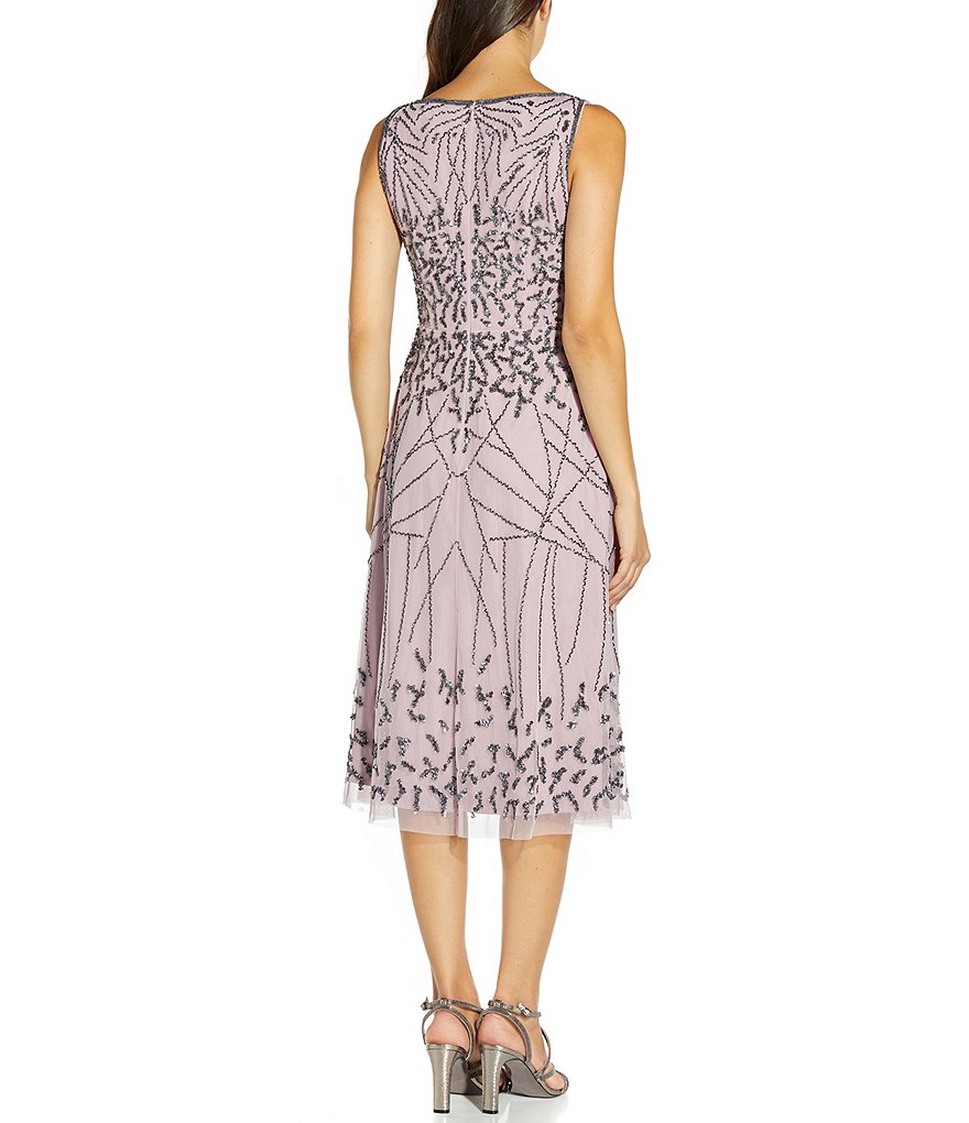 Adrianna Papell Beaded A-Line V-Neck Sleeveless Midi Dress
