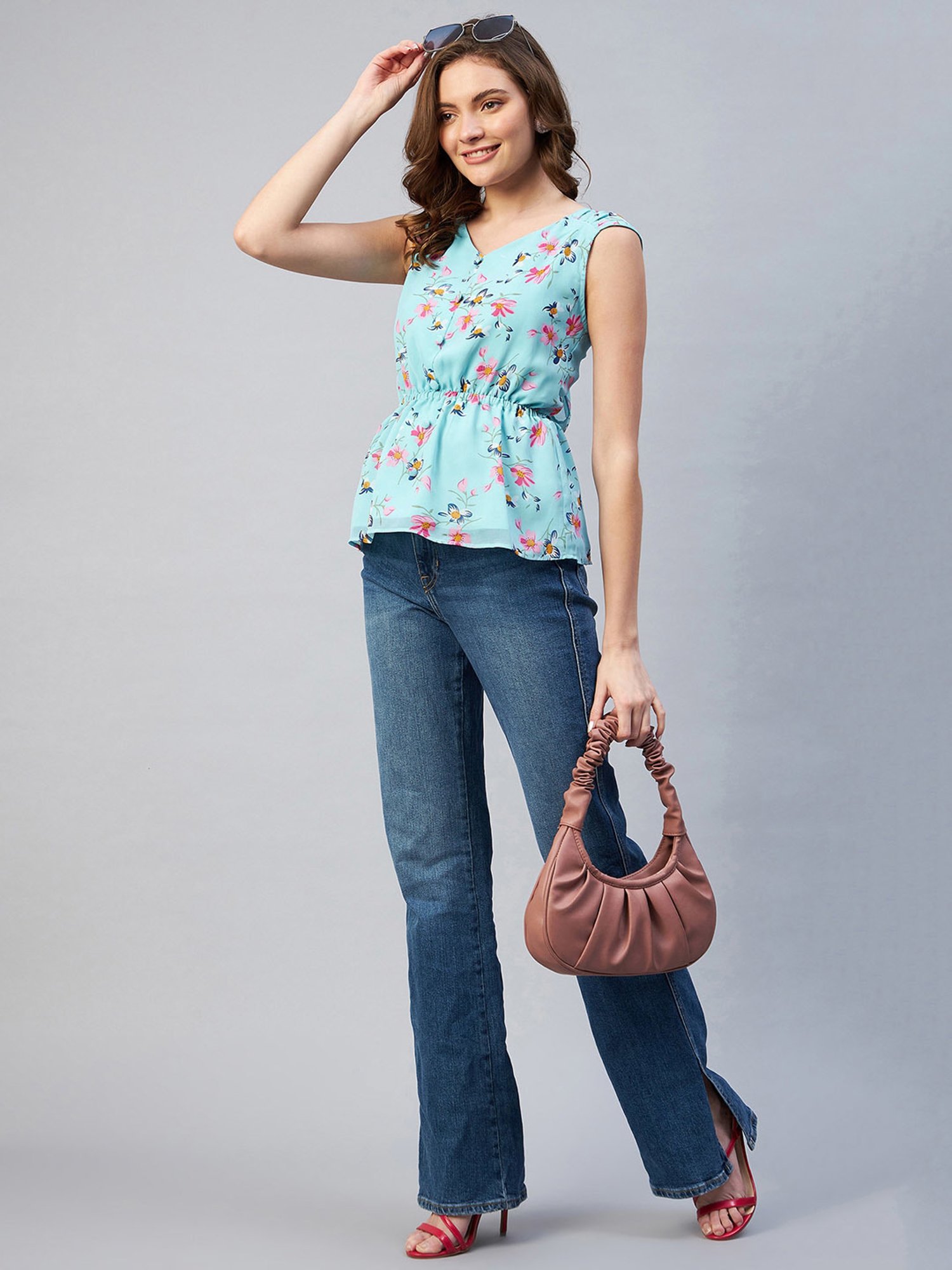 Carlton London Blue Floral Print V-Neck Top