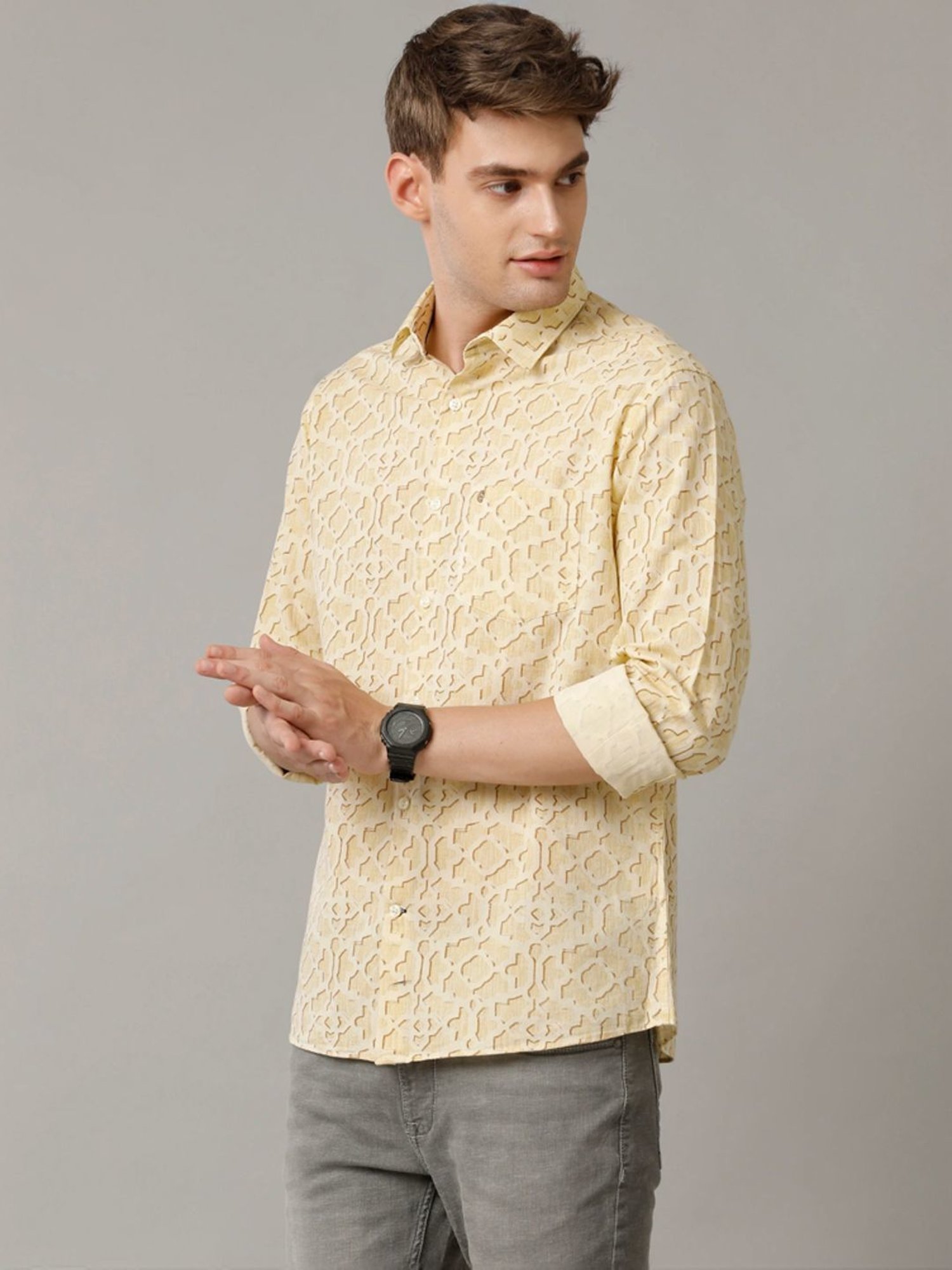 Cavallo By Linen Club Yellow Linen Contemporary Fit Printed Shirt