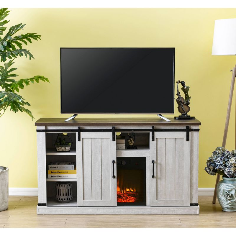 54" Sliding Doors TV Stand For TVs up to 60" with Electric Fireplace Saw Cut Off White - Home Essentials