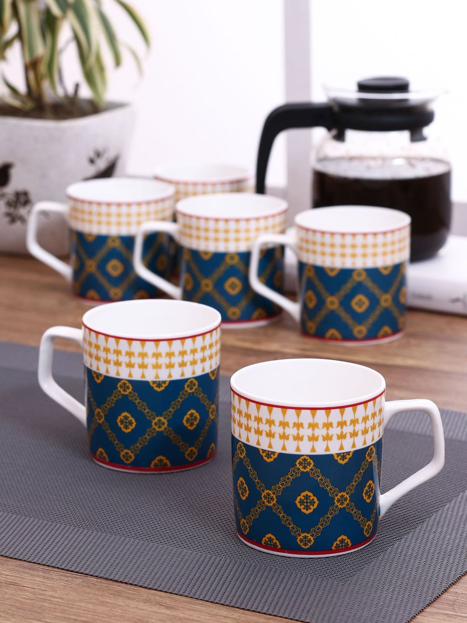 India Circus Fine Ceramic Floral Multicolor Coffee Mugs Set of 6 - 240 ml each