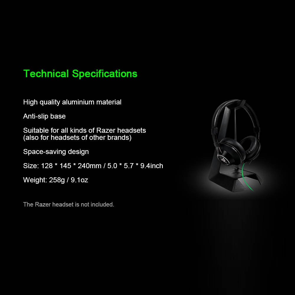Razer Headset Stand Headphone Support Holder Aluminum Supporting Base Non-Slip Rubber Base for Gaming Headsets Black