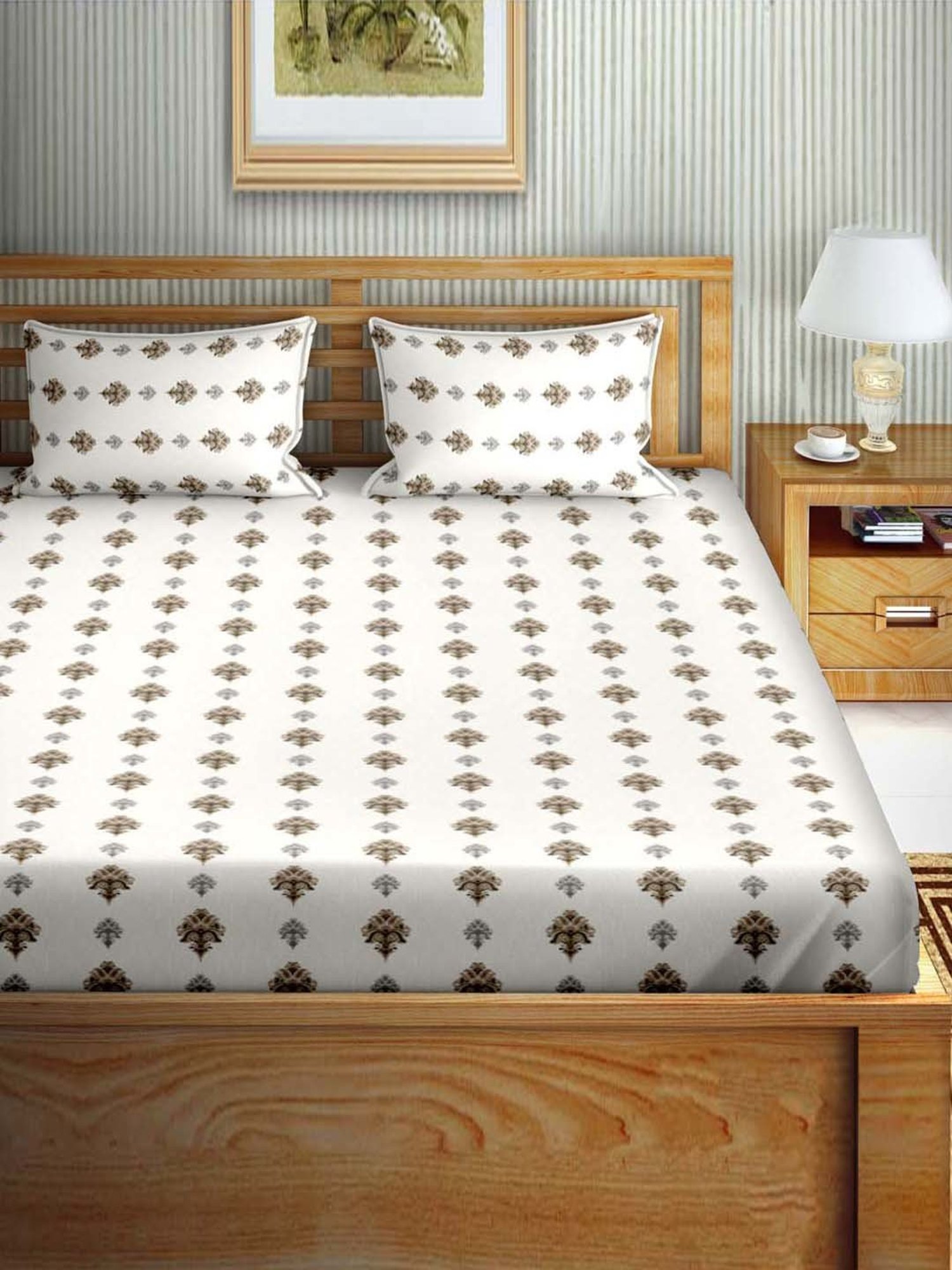 Bella Casa Stella Collection Brown Cotton 180 TC King Size Bedsheet with 2 Pillow Covers