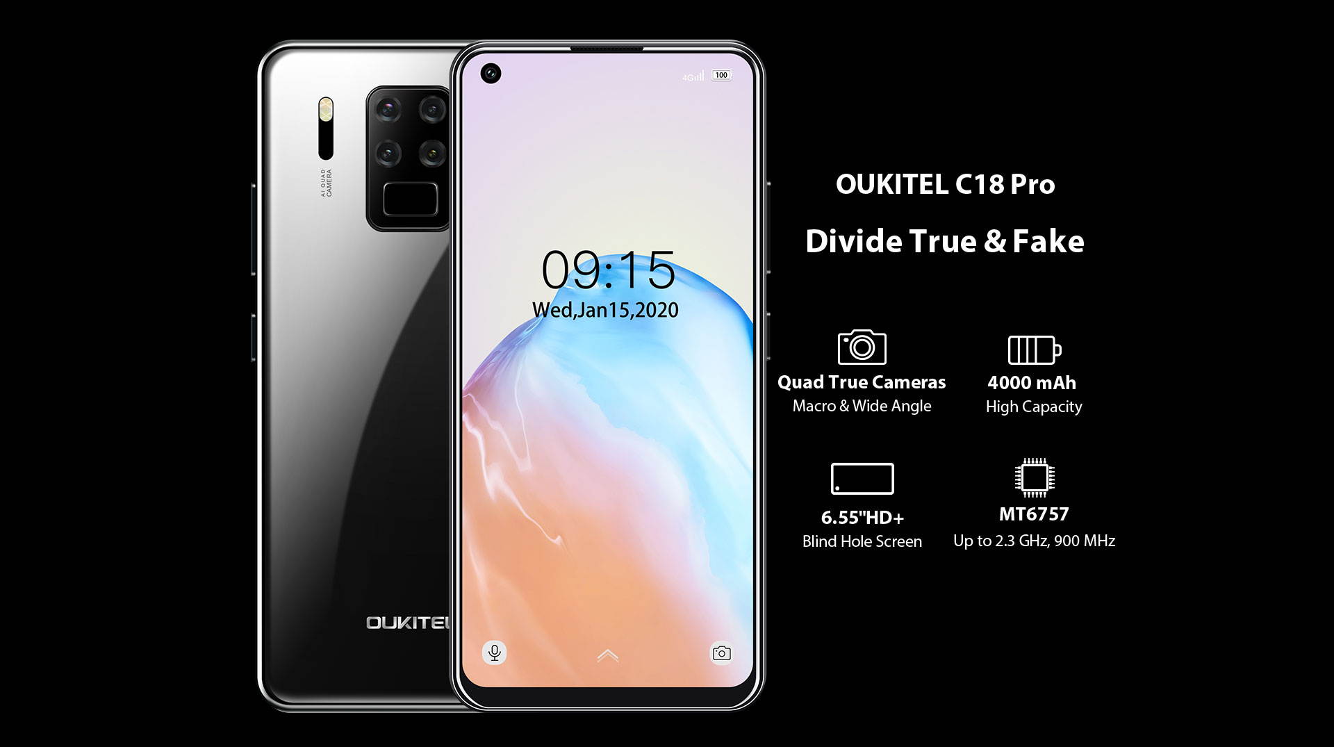 4G Mobile Phone OUKITEL C18 Pro, Quad Camera 16MP+8MP+5MP+2MP, 6.55&rsquo;&rsquo; Full HD SIM Free Smartphone Unlocked, Helio P25 Octa Core 4GB+64GB, 4000mAh Fingerprint Face Unlock Android 9.0 DUAL SIM