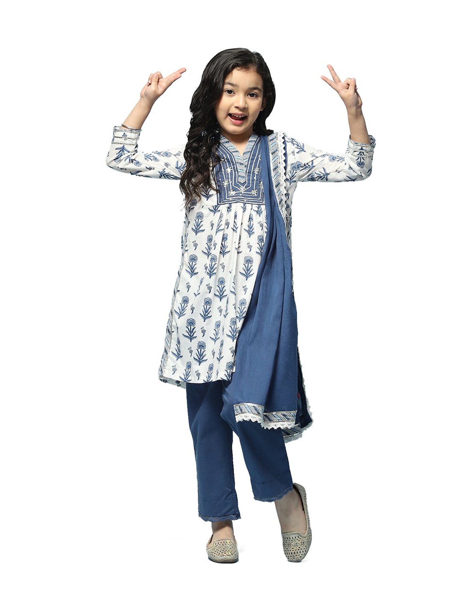 BIBA Girls Off White & Blue Embellished Kurta, Pants with Dupatta
