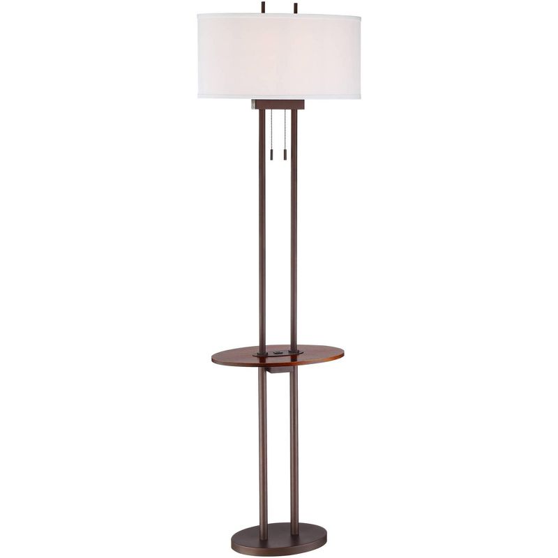 Franklin Iron Works Modern Industrial Floor Lamp with Table and USB Bronze Walnut Oval Linen Shade Living Room Bedroom Office